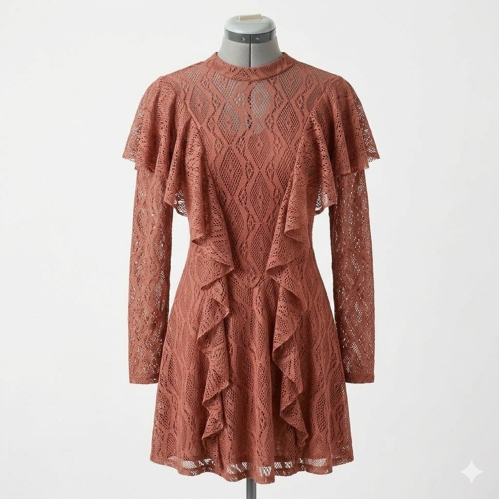 Free People Rock Candy Mock Neck Ruffle Lace Boho Dress with Slip, size XS